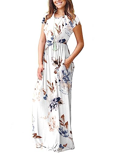 Image of MISFAY Women's Short Sleeve Maxi Dresses Long Casual Dresses with Pockets | Empire Elastic Waist, Crew Neck, Floor Length, Strentchy Flowy A Line Fit, Loose Plain Summer Outfits, Vacation Wear