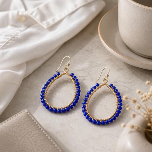 Bohemian Teardrop Dangle Earrings in Multiple Colors, Gold Wire Wrapped Hollow Sparkly Crystal Beaded Statement Earrings for Women, Summer Beach Wedding Party Jewelry (Blue) by Chotsian - Used condition - Image 6