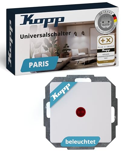 Kopp PARIS Kontrollschalter beleuchtet in Arktis-Weiß - Stilvoller IP20 Schalter mit Kontrollleuchte - Hochwertiger Wechselschalter mit 10AX Schaltvermögen - Lichtschalter-Unterputz 250V~