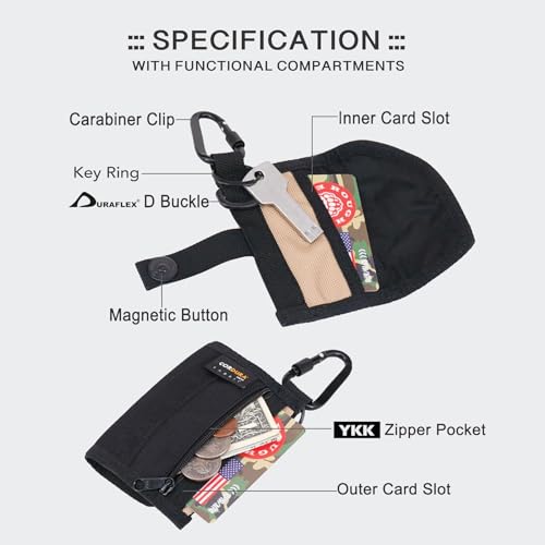 ROUGH ENOUGH Coin Holder for Car – Tactical Cordura with Zipper Coin Pocket, Neck Lanyard Carabiner – Slim Card Holder for Men, Travel3