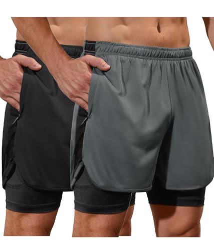 SILKWORLD 2-3 Pack Men's 2 in 1 Running Shorts Quick Dry Athletic Grym Workout Compression Shorts with Zipper Pockets