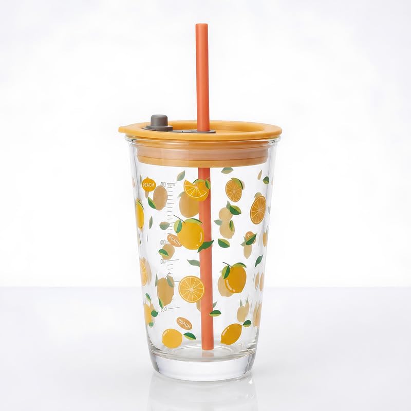 Image of Allo Reusable Glass Mug Sipper Tumbler with Straw, Unique 2 in 1 Anti Spill Lid | Microwave Safe Leakproof Glass with Anti-Slip Grip for Hot & Cold Coffee| Car, Office, Travel use | 450ml (Orange)