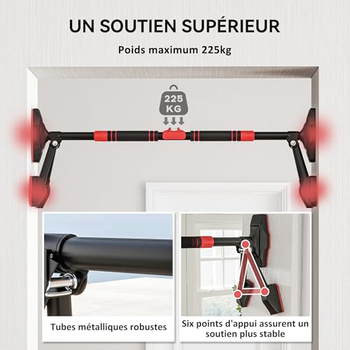 SPORTNOW Barre de traction réglable de 80 à 110 cm, barre de porte niveau intégré, structure triangulaire robuste, sans perçage, support à 6 points, poignées antidérapantes, jusqu'à 225 kg, noir – Image 6