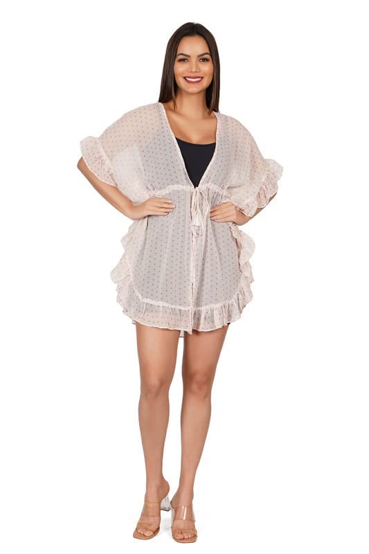 Image of Stylish Women's Cotton Poly Kaftan Style Swimsuit Cover Ups V-Neck Hollow Out Swim Coverup Beach Cover Up Dress (White Small Polka)