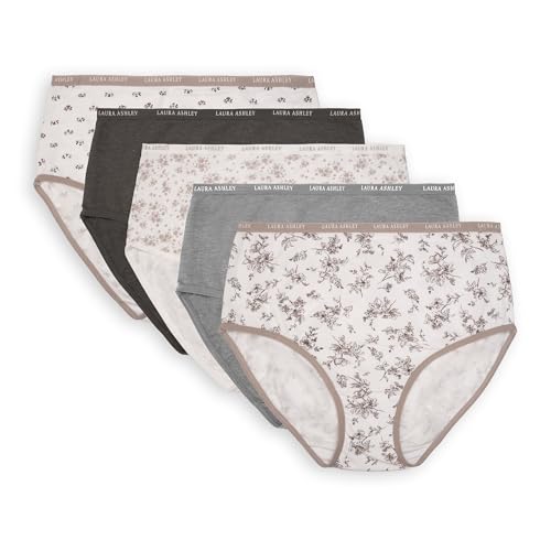 Laura Ashley Women's Cotton Brief Underwear Set, High-Waisted Panties for Women, 5-Pack (US, Alpha, Large, Regular, Regular, Steel Floral/Md Heather Grey/Steel Floral/Smokey Taupe/Steel Pea)