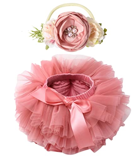 Toddler Tutu Skirt for Baby Girl with Diaper Cover Soft Baby Tutu Dress with Set of 2 Flower Headband 0-3 Months