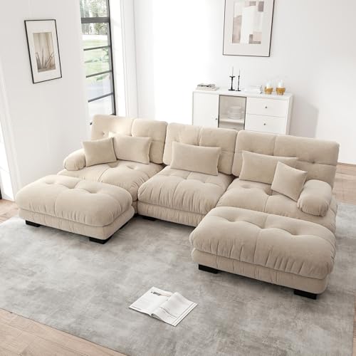 A ALFRESCOOL Sofá U con Función de Dormir, Sofá de Esquina Modular de Lujo - Sofá Nube de Gran Tamaño en Forma de U para Sala de Estar Sofá Cama Convertible con Otomano