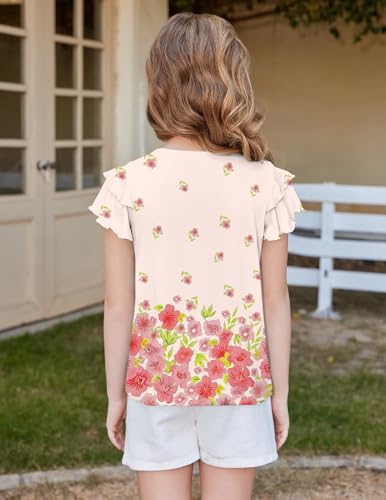 Image of Arshiner Girls T Shirts Ruffle Short Sleeve Summer Pleated Crewneck Casual Tops Tees Blouses