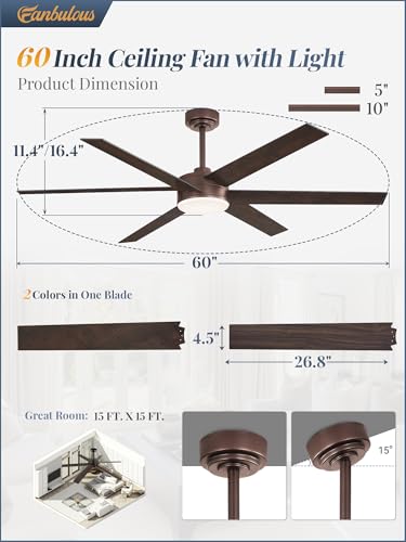 Image of Fanbulous 60 inch Outdoor Ceiling Fans with Lights, Dimmable 3CCT, Brown