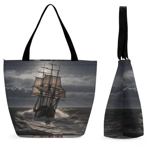 Tote Bag for Women Shoulder Bag Sailing Ship in Storm Handbags for Travel Work Beach Bag Grocery Bag