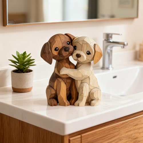 Komergave Hunde Holz Deko, 2D Flache Holzfiguren, Niedliches Hunde Holzfigur, Gemütliche Deko Figur Ornamente für Paare Kinder Frauen Männer für Büro Schreibtisch Bücherregal Badezimmer (cremefarben)