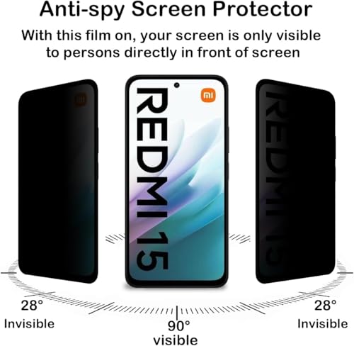 Image of ZARALA Privacy Screen Protector for For Redmi 15 Fingerprint is Not Working Anti-Spy Tempered Glass Film, 9H Hardness, Anti Bubble-Free, Anti-Spy Screen Protector