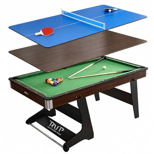 Image of RUP Pro 6ft 3-in-1 Multi Game Table | Pool Table, Table Tennis & Dining /Conference Table | Solid Plywood Construction | Wheeled Legs | Premium Green Cloth | Accessories Included (Brown, Plywood)