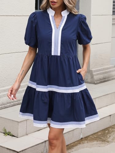 Image of LifeShe Womens Puff Sleeve Babydoll Dress V Neck Navy Blue Striped Color Block Tiered Mini Dresses