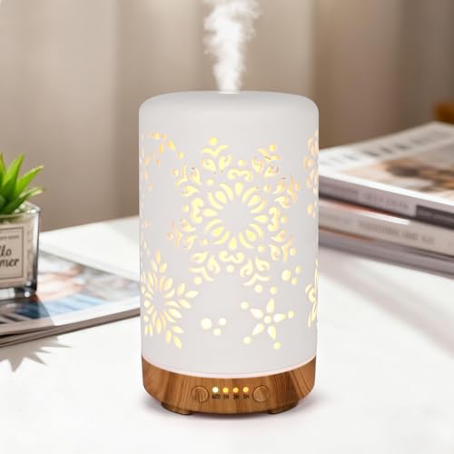 Aroma Diffuser, GuKKK 250ML Weiß Keramik Diffusor für Ätherische Öle, Aromatherapie Düfte Luftbefeuchter mit Einstellbarem Nebelmodus, 7 Farben...