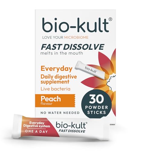 Bio-Kult Everyday Fast Dissolve Powder – 2 Billion CFU + Vitamins C & D | 3 Clinically Researched Strains for Daily Gut & Digestive Support | Peach Flavour | Fast-Melting, No Water Needed | 30 Sachets
