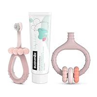 Suavinex, Starter-Set zur Zahnpflege, inkl. Zahnbürste für Babys + Zahnfleischmassagegerät + Zahnpasta für Babys, als Geschenk, ergonomische Griffe, für den täglichen Gebrauch, ab 0 Monaten, Rosa