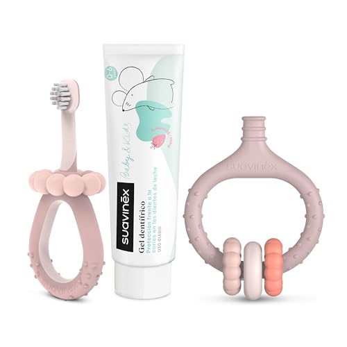 Suavinex, Set Inicio Cuidado Dental, Incluye: Cepillo de Dientes para Bebés + Masajeador Encías + Pasta de Dientes para Bebés, para Regalar, Mangos Ergonómicos, Uso Diario, +0 Meses, Rosa