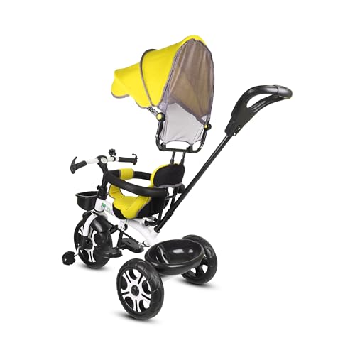 Image of BABY SMILE 4-in-1 Kids Tricycle with Adjustable Canopy, Parent Push Handle, Red and White (Yellow)