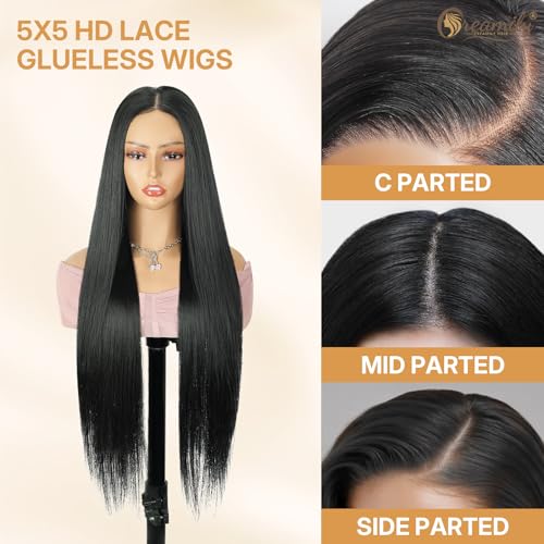 Image of Creamily 5x5 Straight Lace Front Wigs Wear and Go Glueless Wigs Pre Plucked Pre Cut Long Black Wig HD Lace Closure Wig 31 Inches Synthetic Hair Wig