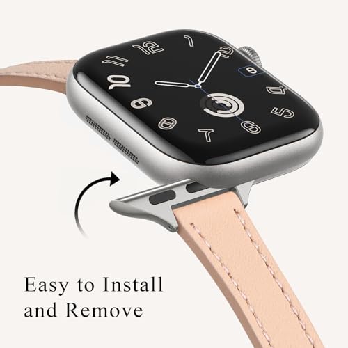 Image of STIROLL Slim Leather Bands Compatible with Apple Watch Band 38mm 40mm 41mm 42mm 44mm 45mm 49mm,Top Grain Leather Watch Thin Wristband for iWatch Ultra SE Series 8 /7 /6 /5 /4 /3 /2 /1(Pale pink with Silver)