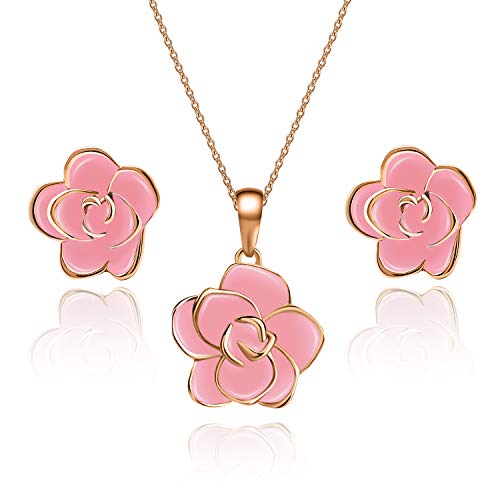 Rose Flower Necklace Earrings for Women 18K Gold Plated Hypoallergenic Jewelry Sets (Pink / Rose Gold-tone)