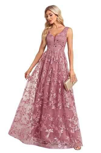 Image of Embroidery Tulle Maxi Formal Dresses V Neck Hight Waist Bridesmaid Dresses Dusty Rose Sleeveless Evening Prom Dresses, Medium