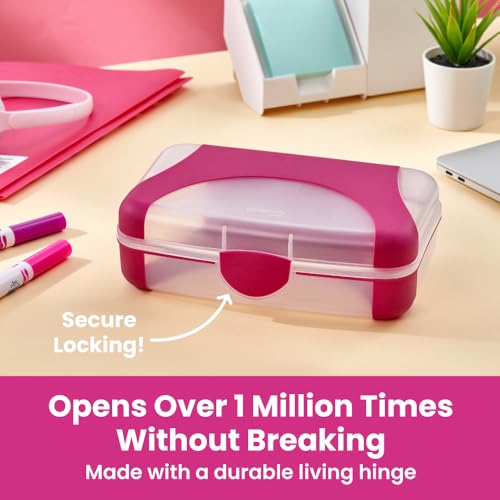 Image of LockerMate by Bostitch Hard Pencil Case, Durable Plastic Pencil Box, Kid-Friendly Design, Fuchsia & Clear