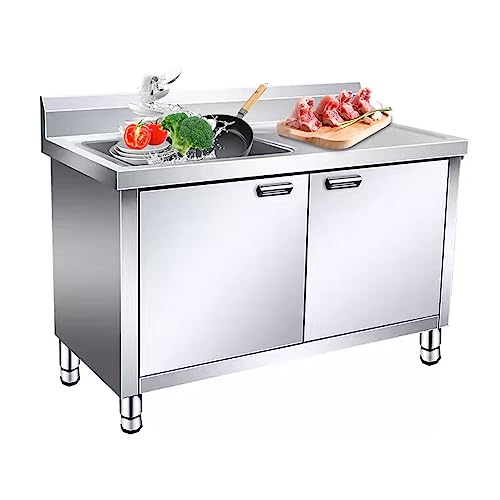Commercial Restaurant Kitchen Sink Set,With Cabinet Stainless Steel Sink, Sink Cabinet Integrated,Freestanding Indoor Commercial/Industrial Sink,With Faucet(120cm/47.2in double slot)