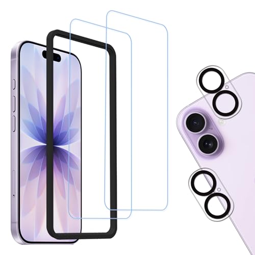 HKKAIS Anti Blue Light Screen Protector For iPhone 17 Tempered Glass Film 2-Pack with Camera Lens Protector 2-Pack Easy Alignment Tool