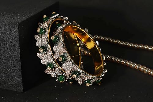 Image of LAVAZZA Stylish Butterfly Design Golden Metal with Zircon Diamond & Pearls Moti Bangles Kada For Women & Girls | Traditional Girl's Bangles Bracelet | Women's Kangan Wedding, Party-Set of 2