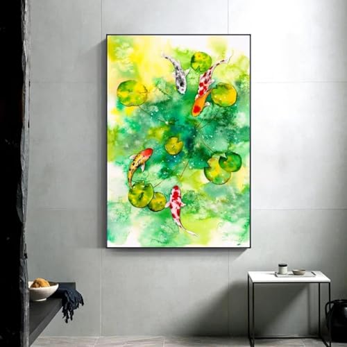 Toile aquarelle poissons Koi de qualité supérieure, art mural raffiné avec cadre de 50x70 cm