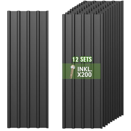 Warmfay® 12PCS Roofing Sheets, 115x45cm (6.21m²) Corrugated Metal Roof Sheeting Plates with 200 Screws, Black Galvanised Metal Trapezoidal Grooved Roof for Greenhouse, Carport, Garage