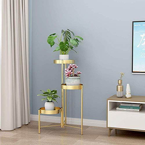 Soporte plegable de metal dorado para macetas, 3 niveles, 90 cm, soporte plegable para decoración de jardín, boda, ideal para sala de estar y dormitorio