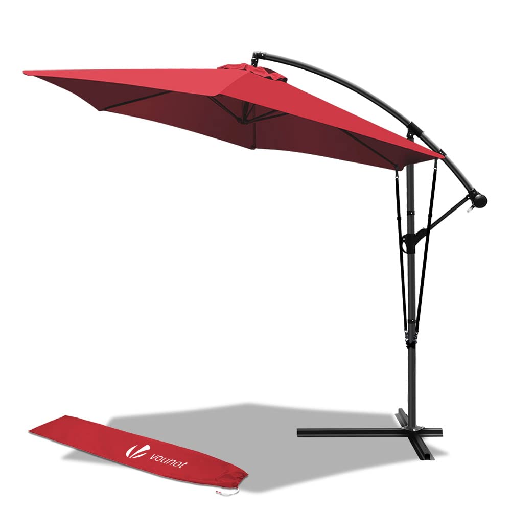 VOUNOT 300 cm Parasol Excentrico, Sombrilla de Jardín con Manivela, Funda Protectora y Correa de Fijación, Protección UV, Rojo