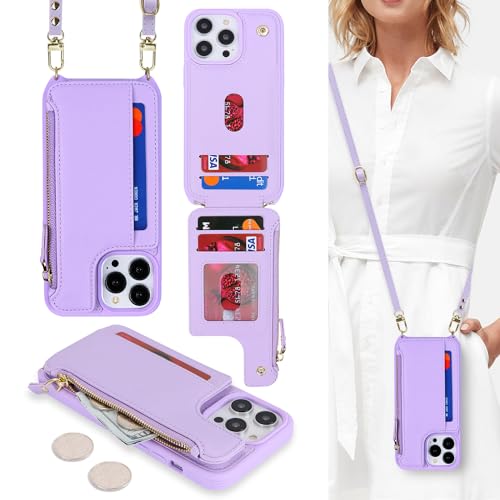Image of Cavor for iPhone 14 Pro Wallet Case with Card Holder for Women,for iPhone 14 Pro Case with Strap,Crossbody Lanyard and Wristlet Zipper Pocket Phone Cover-Purple