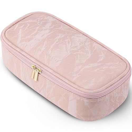 Vlando Makeup Travel Bag,Small Makeup Pouch for Small Items Travel Essentials Mini Toiletries-Apricot White 01-Apricot White-Smaller