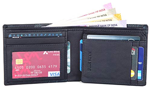 NAPA HIDE Blue Leather Wallet for Men I 4 Card Slots I 2 Currency Compartments I 1 ID Window I 3 Secret Compartments I External Card Slot I 1 Coin Pocket