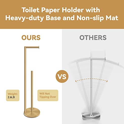 Rrm Toilet Paper Holder Stand, Bathroom Free Standing Toilet Paper Holder With Reserve Storage 3-4 Toilet Paper Rolls, Double Rod 26.4-Inch Stainless Steel Toilet Paper Holder Stand (Golden) #TOP3