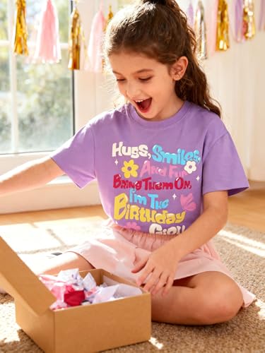 Image of WELAKEN Girls Soft T-Shirt with Curved Hem, Breathable Stretchy Rayon Crewneck Short Sleeve Tees, Kids Everyday Basic Top