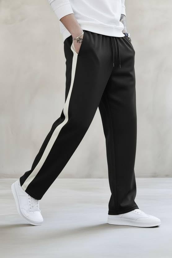 Image of Men's Cotton Blend Track Pants, Black with White Side Stripe, Drawstring Waist, Relaxed Fit Joggers