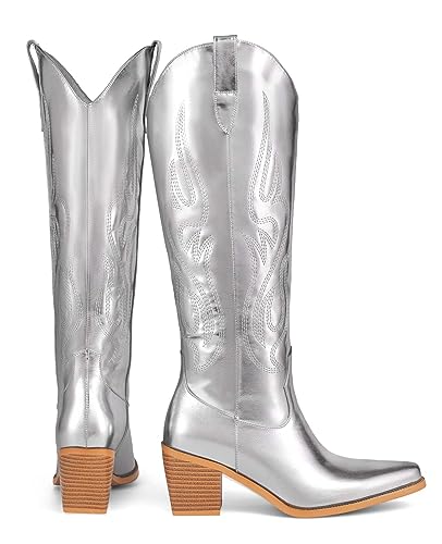 Pasuot Silver Cowboy Boots For Women - Wide Calf Cowgirl Knee High Western Metallic Boots With Embroidery, Pointed Toe Chunky Heel Retro Classic Tall Boot Pull On For Ladies Fall Winter Us 8 #TOP3