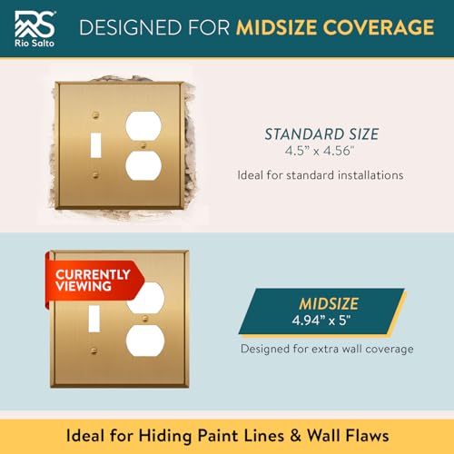 Rio Salto MIDSIZE BRASS Light Switch Plate Outlet Cover - Signature Collection Metal Brushed Brass Gold Combination Toggle Switch and Duplex Wall Plate Covers Wallplate Combo Toggle Duplex 4.94" x 5" by Rio Salto - Image 2