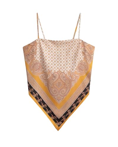 Outoshe Womens Paisley Satin Bandana Tube Top Tie Back Adjustable Spaghetti Strap Sleeveless Boho Going Out Scarf Tops Orange