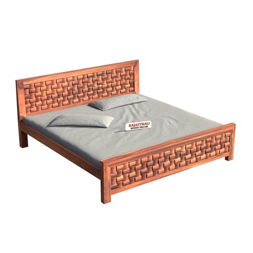Image of Niwar Sheesham Wood King Size Bed Without Storage (81x74 Inch) | Wooden Double Bed Cot for Bedroom Furniture | Modern Palang Design for Home & Hotels | Honey Finish