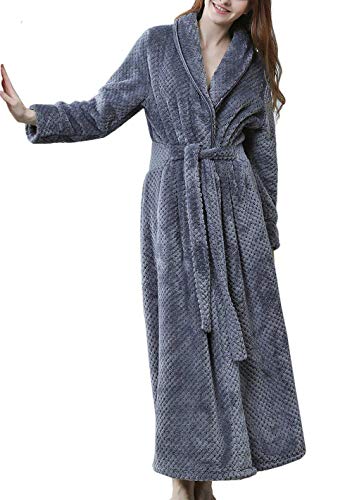 DSNOW Peignoir Femme Velours Robe de Chambre Polaire Chaud Long Flanelle Peignoir de Bain Eponge Hiver Longue Gris L