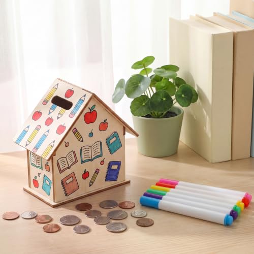 Image of Briwooody 12 Set DIY Unfinished Wooden Houses Bank Unfinished Piggy Bank Set with Coloring Pens Blank Coin Box Crafts for Wood Piggy Banks Craft and Home Activities Fun
