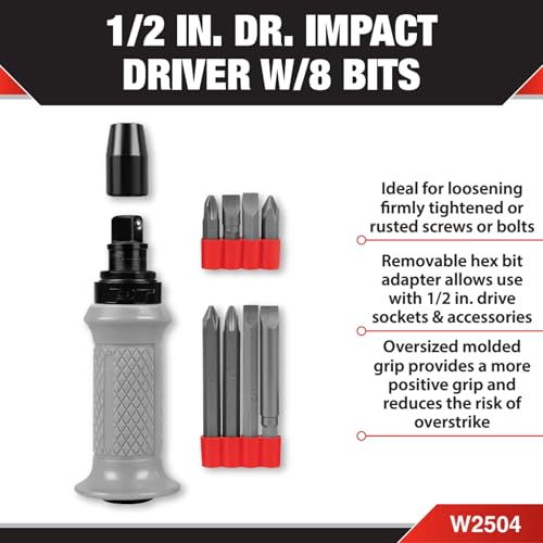 Image of Performance Tool W2504 1 /2-Inch Manual Reversible Impact Driver - Flathead 5 /16 & 3 /8 & Phillips #2 & #3 Bits For Most Common applications - Disengage Brake Caliper Screws, Rusted Fasteners or Frozen