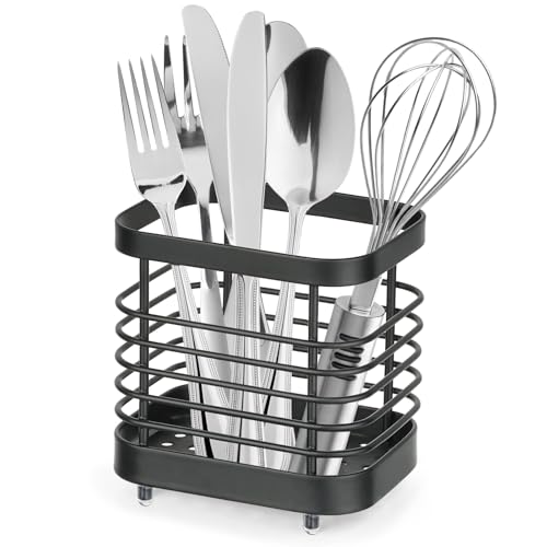 IWNTWY Utensil Holder, Stainless Steel Utensil Drying Rack for Kitchen Counter, Silverware Cutlery Flatware Holder Forks, Knives, Spoons, Chopsticks Organizer (Black)