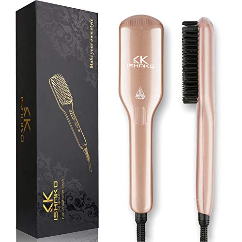 iSHAKO Hair Straightener Brush, Anti Scald Hair Straightening Brush, Portable Frizz-Free Hair Care Silky Straight Heated Comb, Auto Temperature Lock (Rosa Gold)